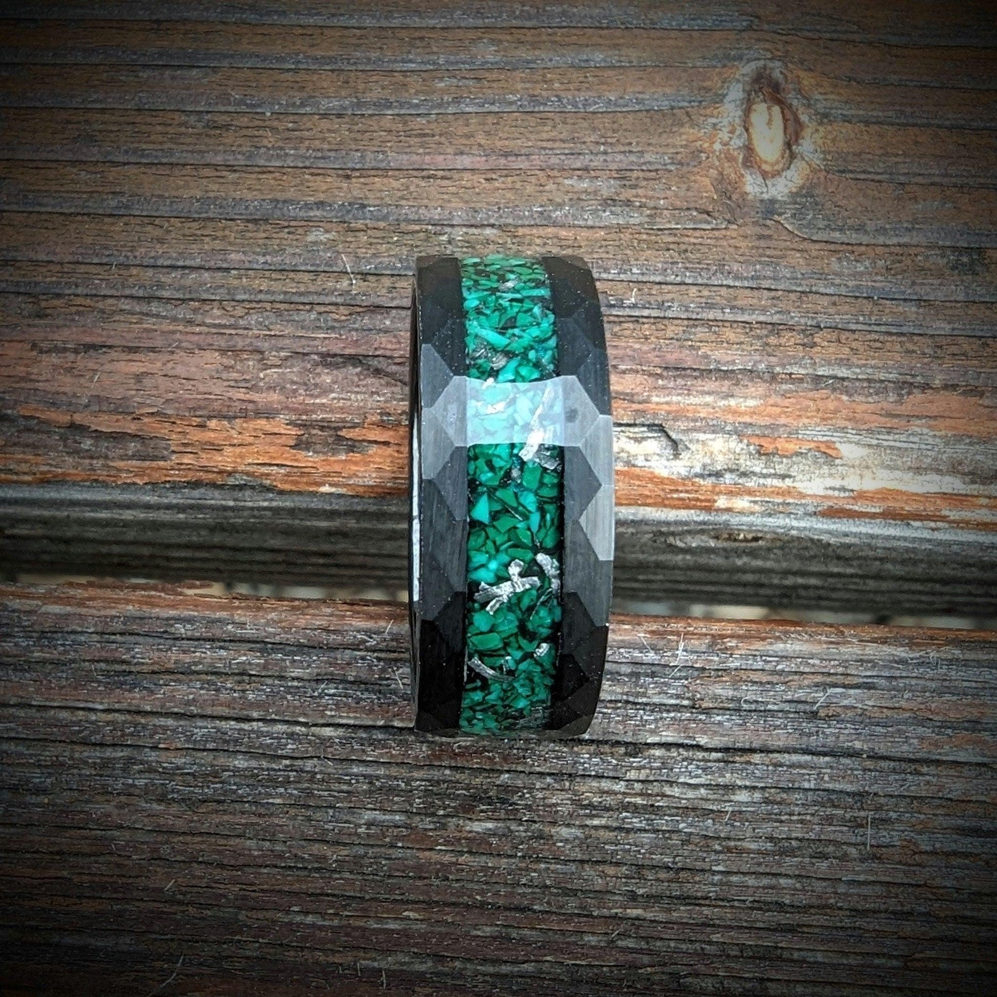 Malachite Ring with Meteorite Shavings, Hammered Meteorite Ring