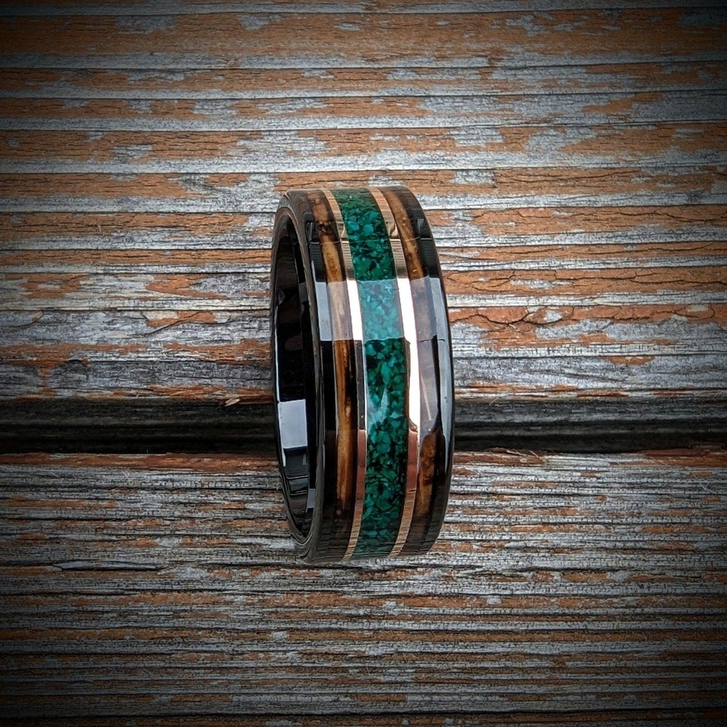 Malachite Ring with burnt Whiskey Barrel wood, Whiskey Barrel wedding ring, Whisky barrel band, Unique Wedding band, Men's wedding band