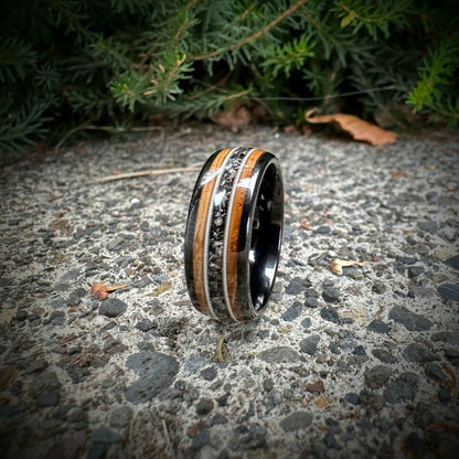Guitar String Ring with Meteorite Shavings and Whiskey Barrel