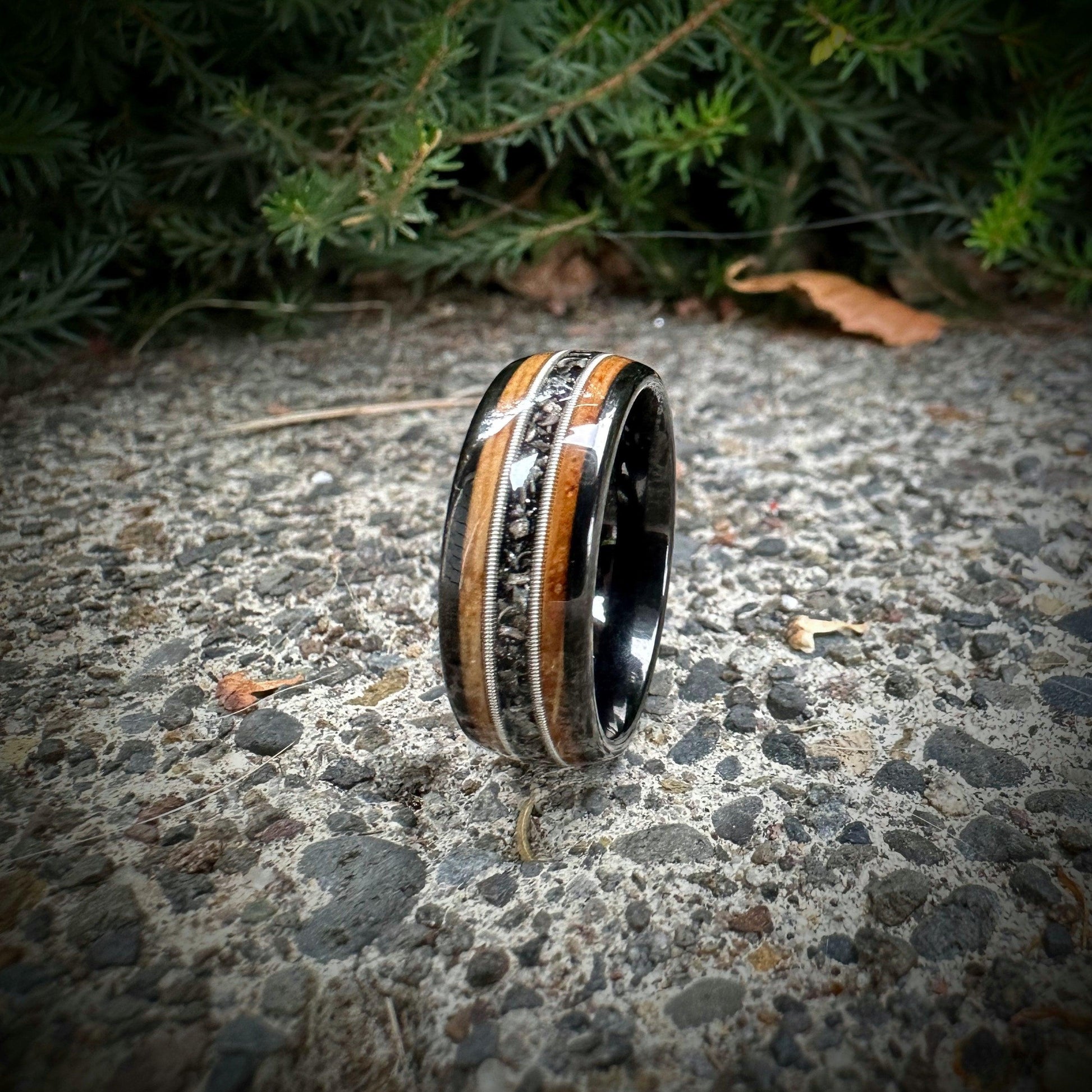 Guitar String Ring with Meteorite Shavings and Whiskey Barrel