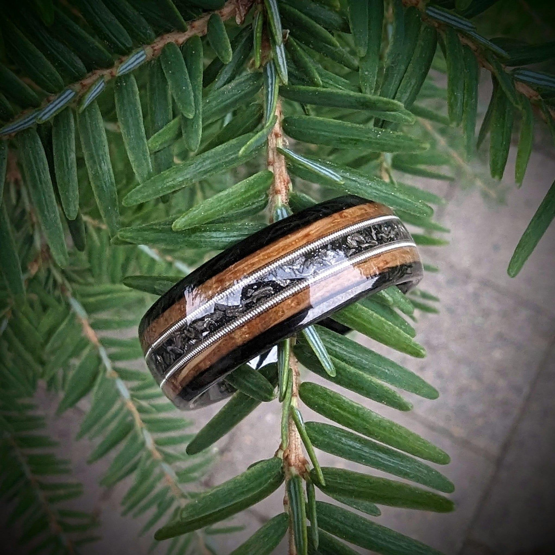 Guitar String Ring with Meteorite Shavings and Whiskey Barrel