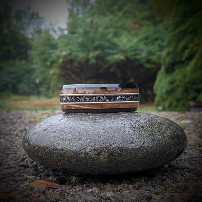 Guitar String Ring with Meteorite Shavings and Whiskey Barrel