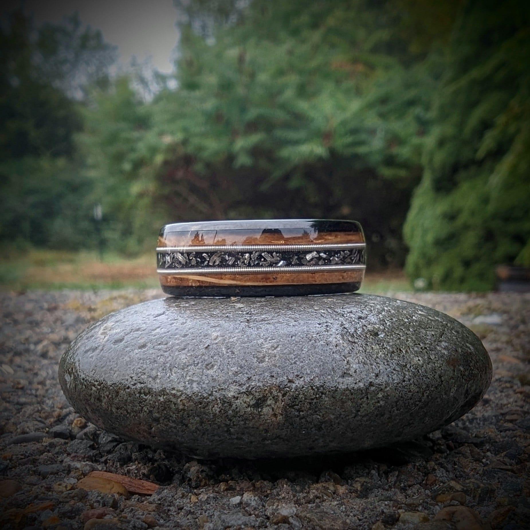 Guitar String Ring with Meteorite Shavings and Whiskey Barrel