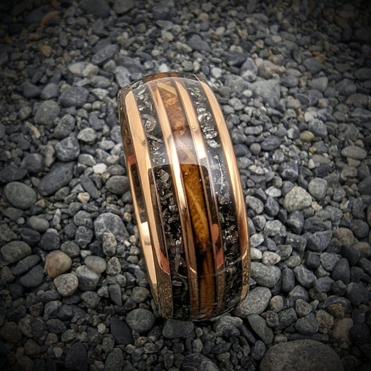 Meteorite Wedding Band with Burnt Whiskey Barrel, Rose Gold Men's Wedding Band, Whiskey barrel wedding band