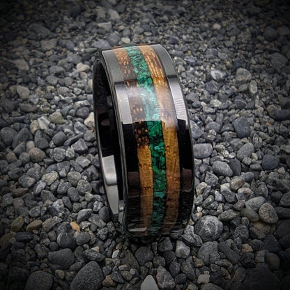 Malachite Ring with Burnt Whiskey Barrel in a Tungsten Core, Whiskey Barrel Wedding Band, Mens Wedding Band