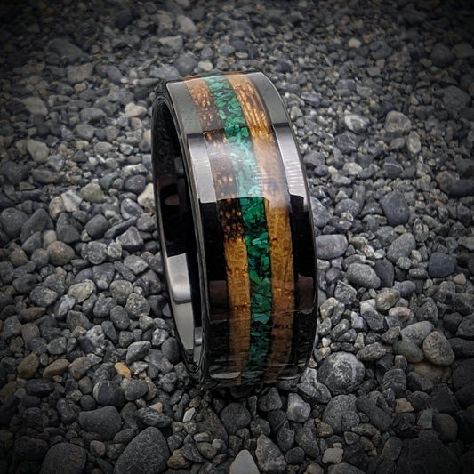 Malachite Ring with Burnt Whiskey Barrel in a Tungsten Core, Whiskey Barrel Wedding Band, Mens Wedding Band