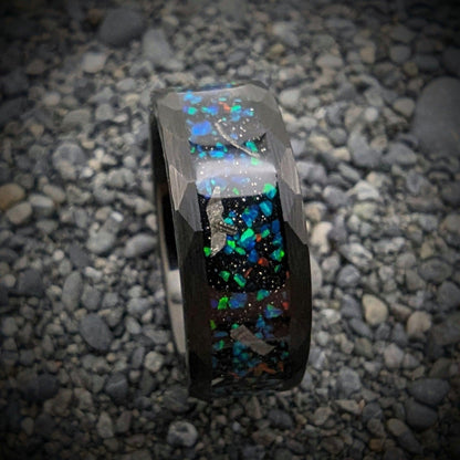 Opal and Meteorite Wedding Band, Meteorite Ring, Hammered Opal Wedding Band