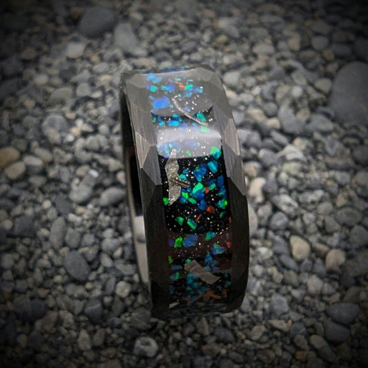 Opal and Meteorite Wedding Band, Meteorite Ring, Hammered Opal Wedding Band