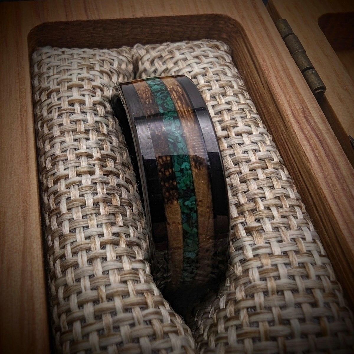 Malachite Ring with Burnt Whiskey Barrel in a Tungsten Core, Whiskey Barrel Wedding Band, Mens Wedding Band