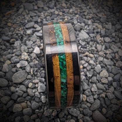Malachite Ring with Burnt Whiskey Barrel in a Tungsten Core, Whiskey Barrel Wedding Band, Mens Wedding Band