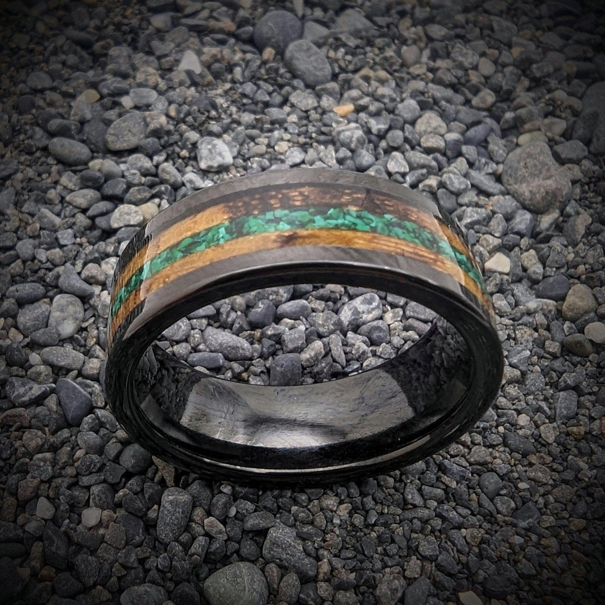 Malachite Ring with Burnt Whiskey Barrel in a Tungsten Core, Whiskey Barrel Wedding Band, Mens Wedding Band