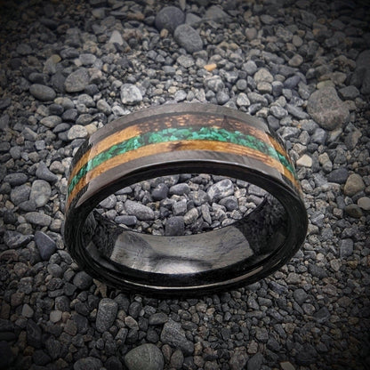 Malachite Ring with Burnt Whiskey Barrel in a Tungsten Core, Whiskey Barrel Wedding Band, Mens Wedding Band