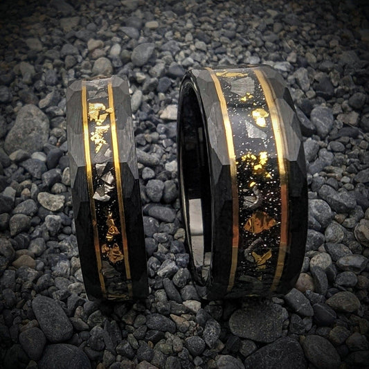 Gold and Meteorite Wedding Bands, couple wedding band set, 6mm and 8mm wide.