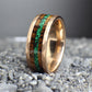 Malachite Ring with Burnt Whiskey Barrel and Rose Gold Tungsten, Mens Wedding Band, Whiskey Barrel Ring