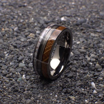 Mens Wedding Band, Whiskey Barrel Wedding Ring with Silver Fishing Line and Antler, Fishing Ring, Antler Ring, Men's Wedding Band