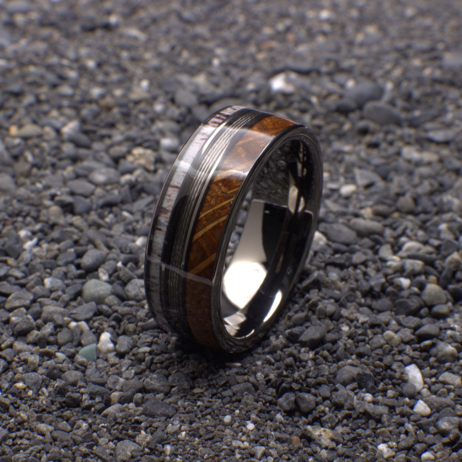 Mens Wedding Band, Whiskey Barrel Wedding Ring with Silver Fishing Line and Antler, Fishing Ring, Antler Ring, Men's Wedding Band