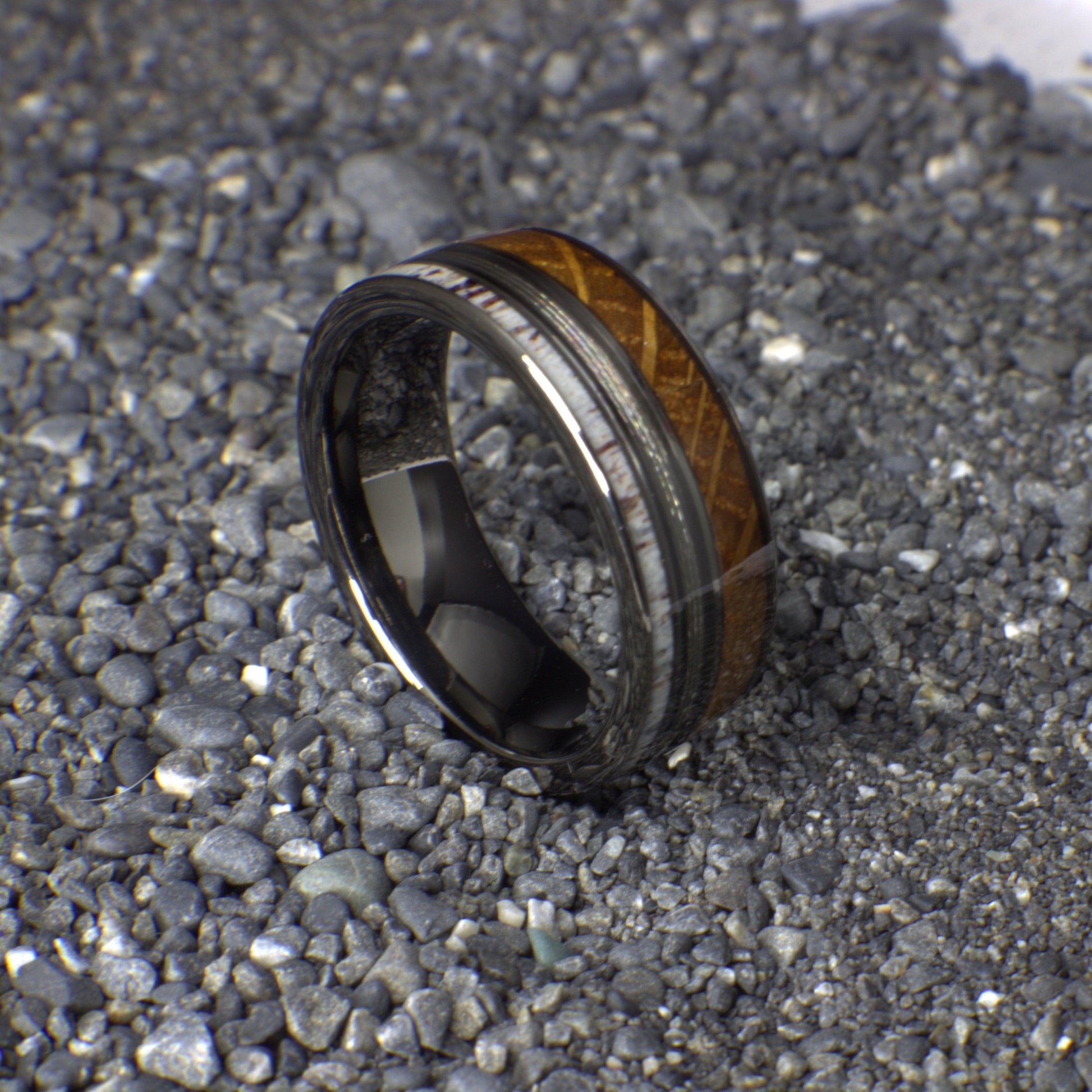 Mens Wedding Band, Whiskey Barrel Wedding Ring with Silver Fishing Line and Antler, Fishing Ring, Antler Ring, Men's Wedding Band