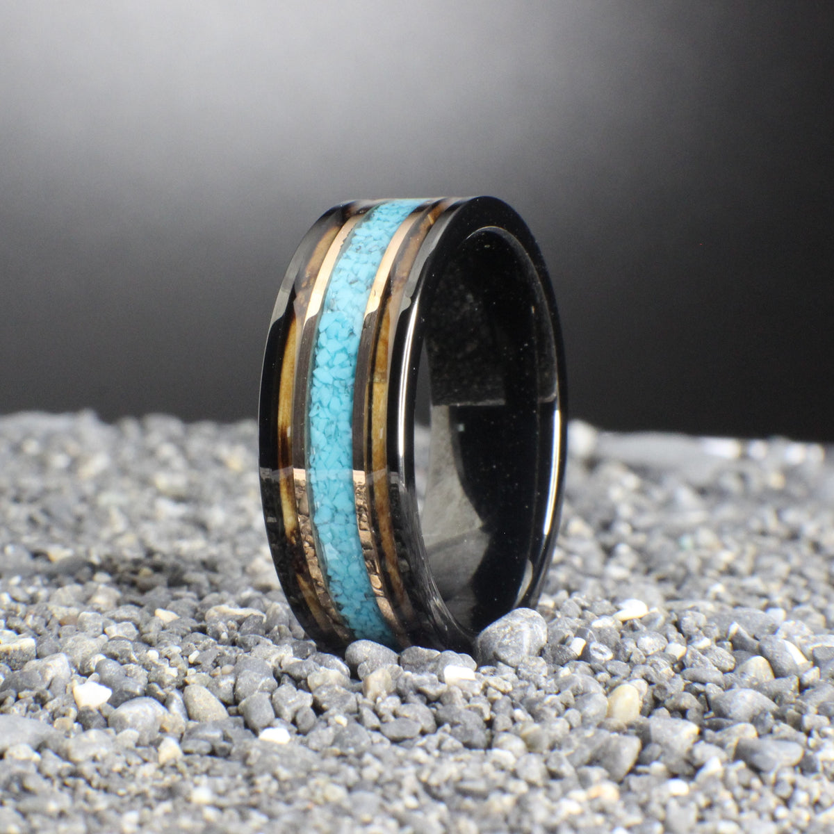 Turquoise Wedding Band with Burnt Whiskey Barrel and Gold Bands