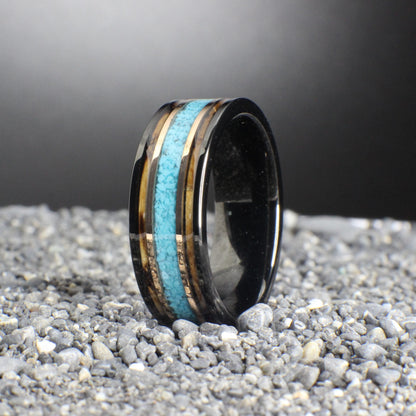 Turquoise Wedding Band with Burnt Whiskey Barrel and Gold Bands