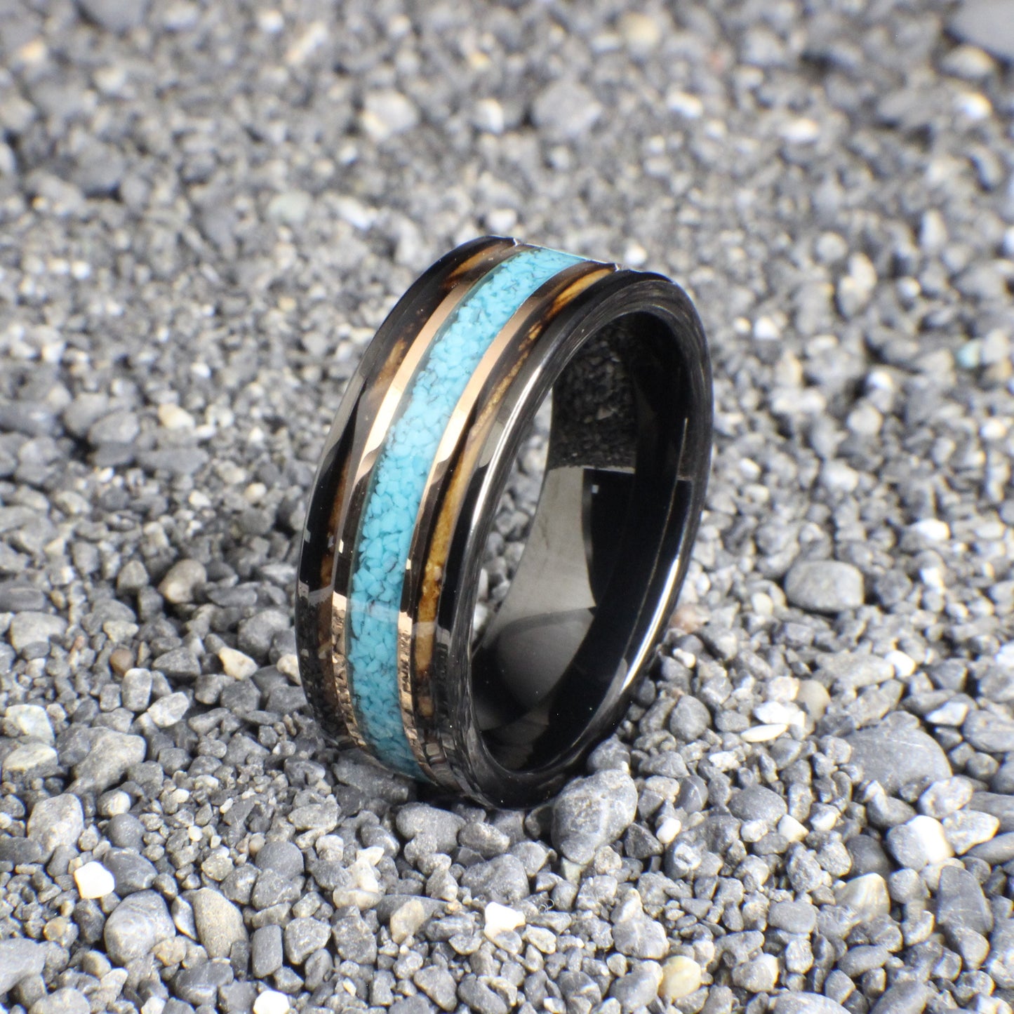 Turquoise Wedding Band with Burnt Whiskey Barrel and Gold Bands