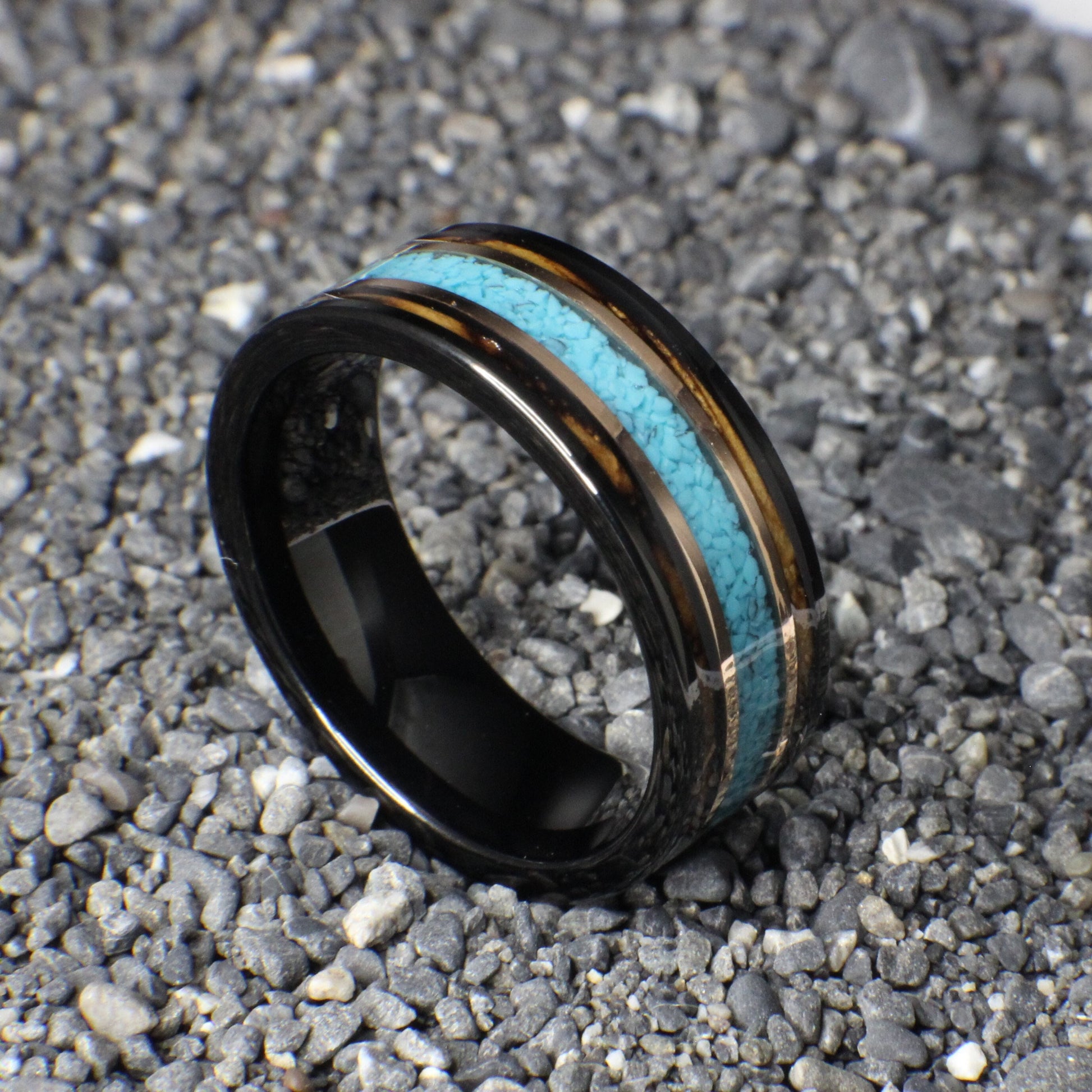 Men&#39;s Wedding Band made out of Turquoise and Burnt Whiskey Barrel