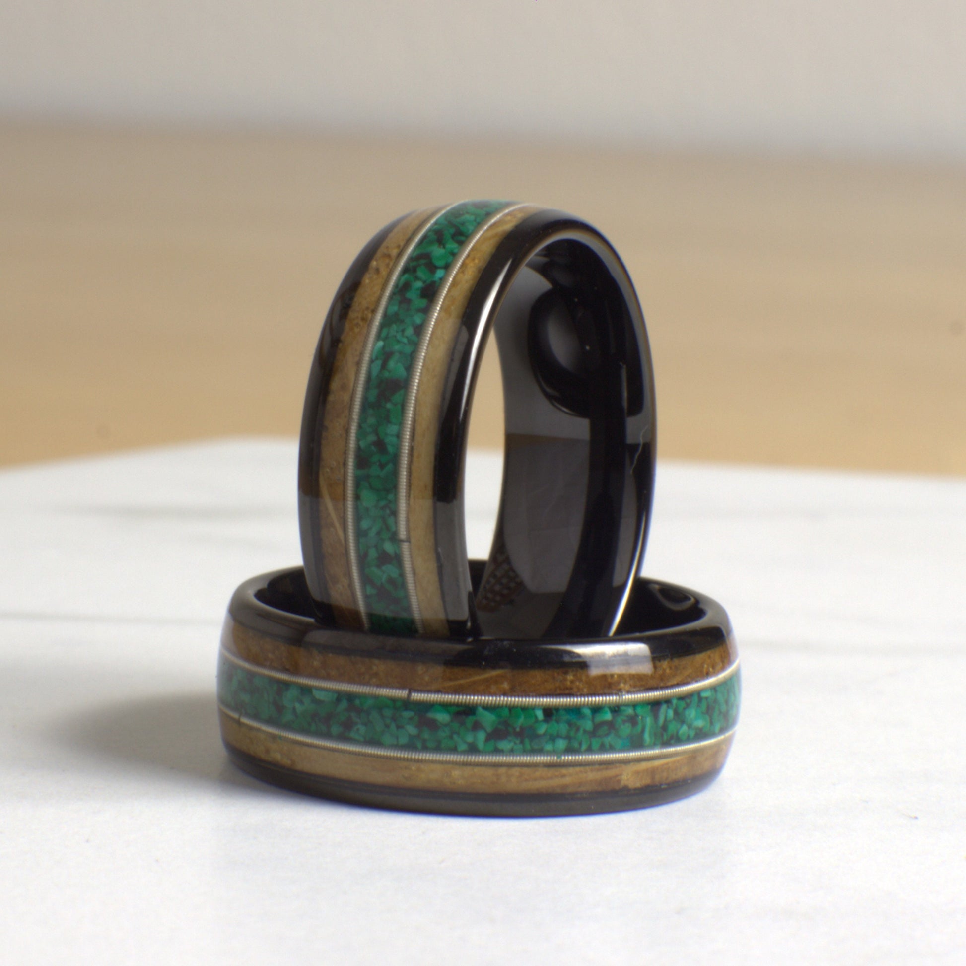 Guitar String Ring with Malachite and Whiskey Barrel