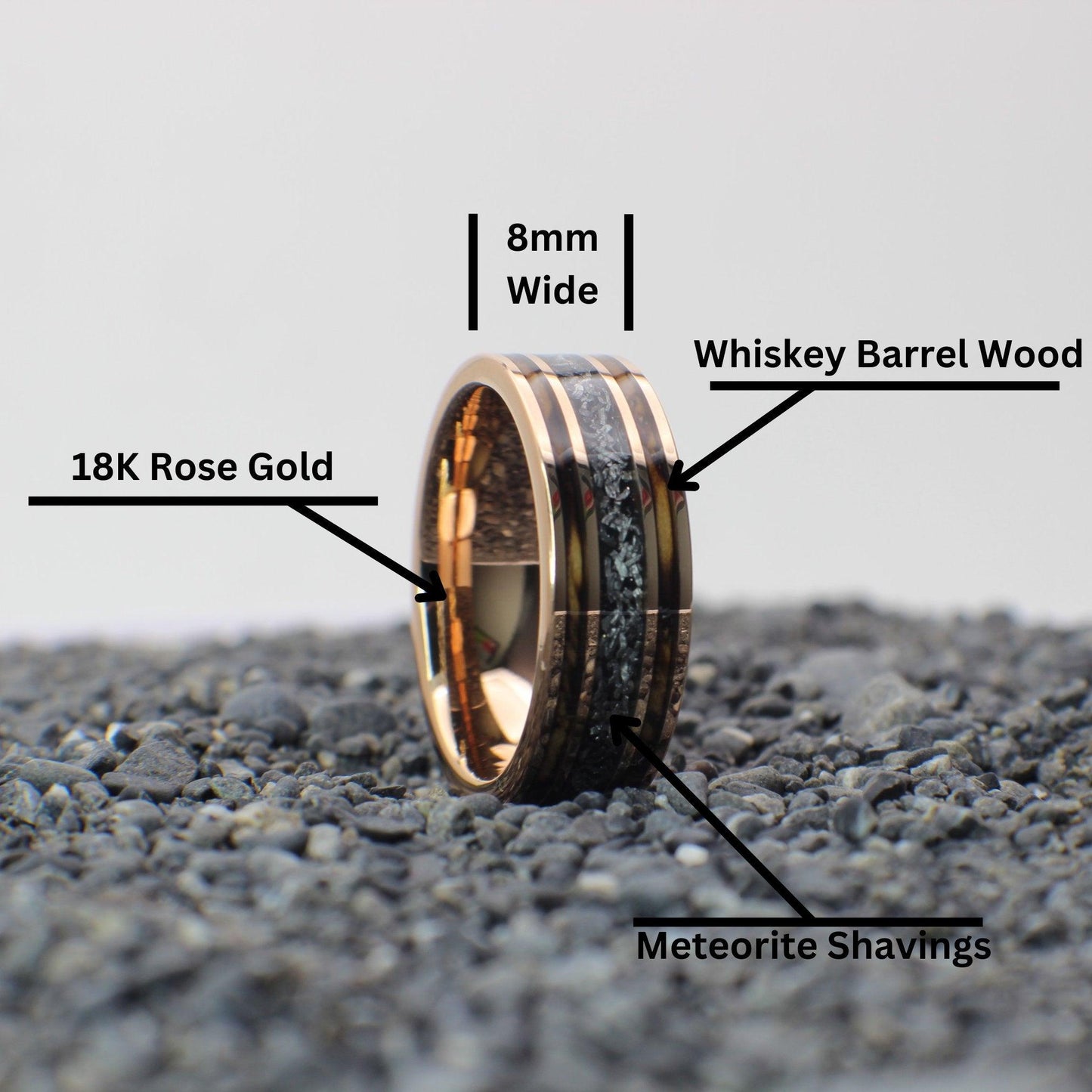 Photo showing 8mm wide men&#39;s wedding band made out of rose gold, whiskey barrel wood, and meteorite shavings.