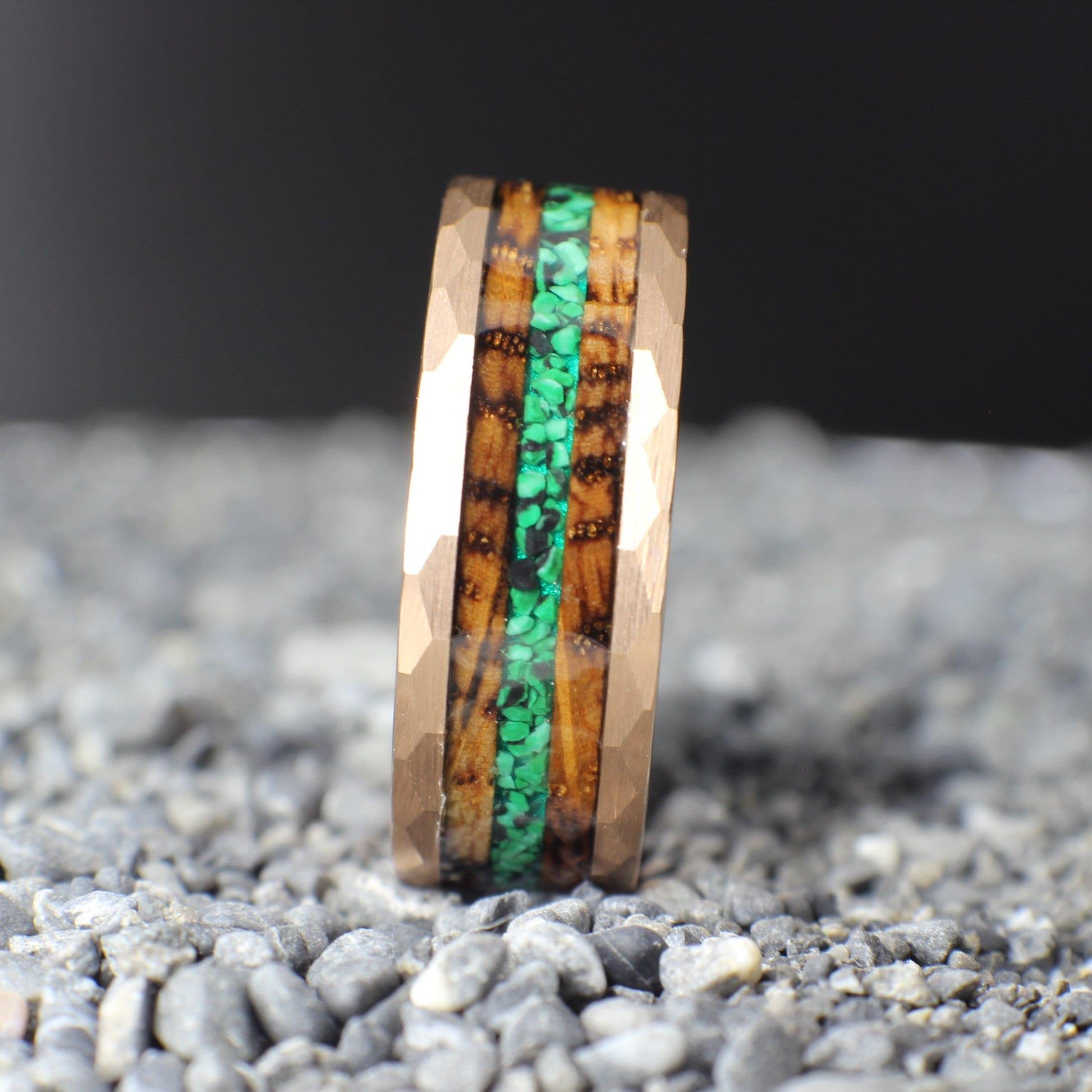 Malachite Ring with Burnt Whiskey Barrel and Rose Gold Tungsten, Mens Wedding Band, Whiskey Barrel Ring