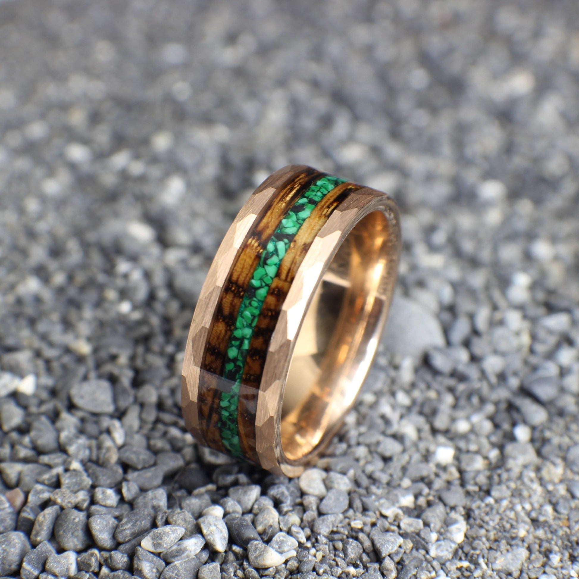 Malachite Ring with Burnt Whiskey Barrel and Rose Gold Tungsten, Mens Wedding Band, Whiskey Barrel Ring