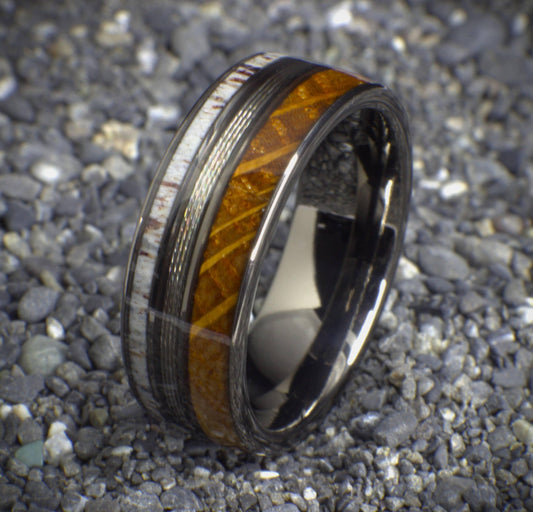 Mens Wedding Band, Whiskey Barrel Wedding Ring with Silver Fishing Line and Antler, Fishing Ring, Antler Ring, Men's Wedding Band