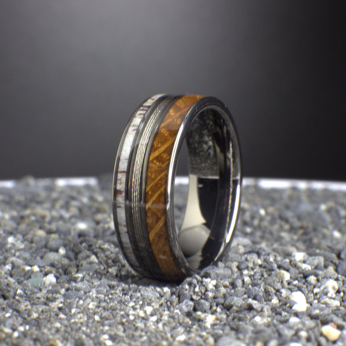 Mens Wedding Band, Whiskey Barrel Wedding Ring with Silver Fishing Line and Antler, Fishing Ring, Antler Ring, Men's Wedding Band