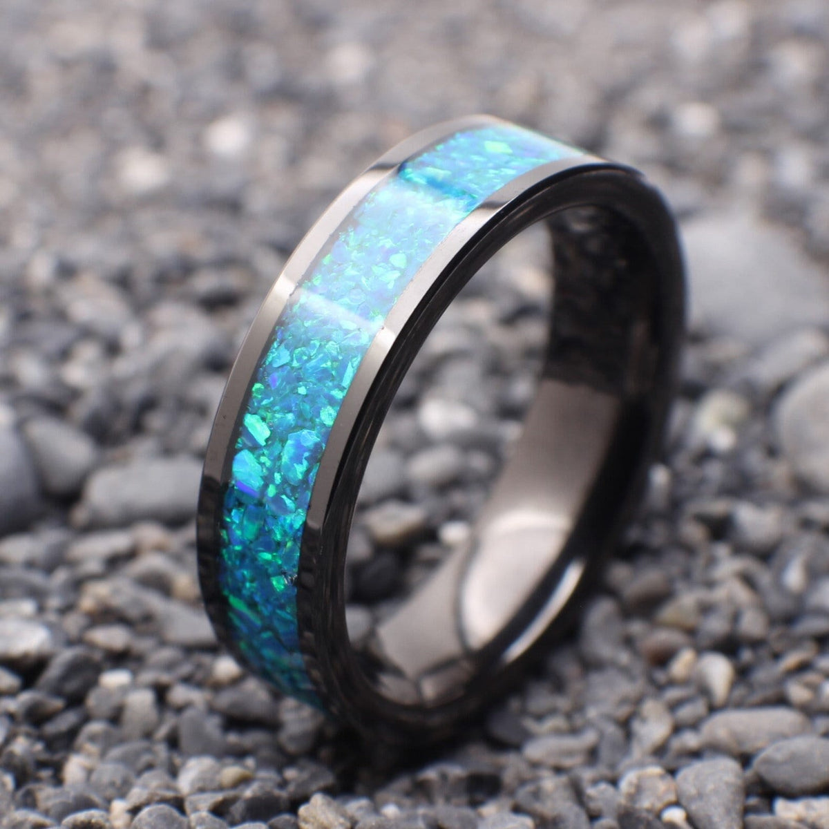 Blue Opal Wedding Band, 6mm wide ring with blue opal. Women's wedding band.