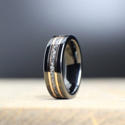 Men's wedding band with gold lines and meteorite