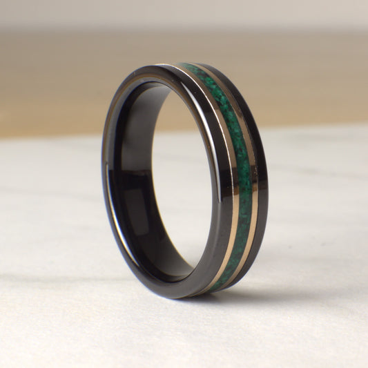 Malachite Ring with Gold Bands, 6mm Wide Malachite Wedding Band