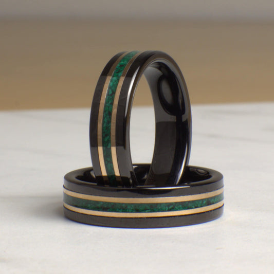 Tungsten ring with crushed malachite and gold bands