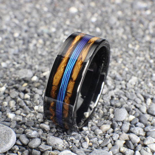 Blue Fishing Line Ring, Fishing Line Wedding Band, Fishing Ring with Whiskey Barrel, Burnt Whiskey Barrel Ring