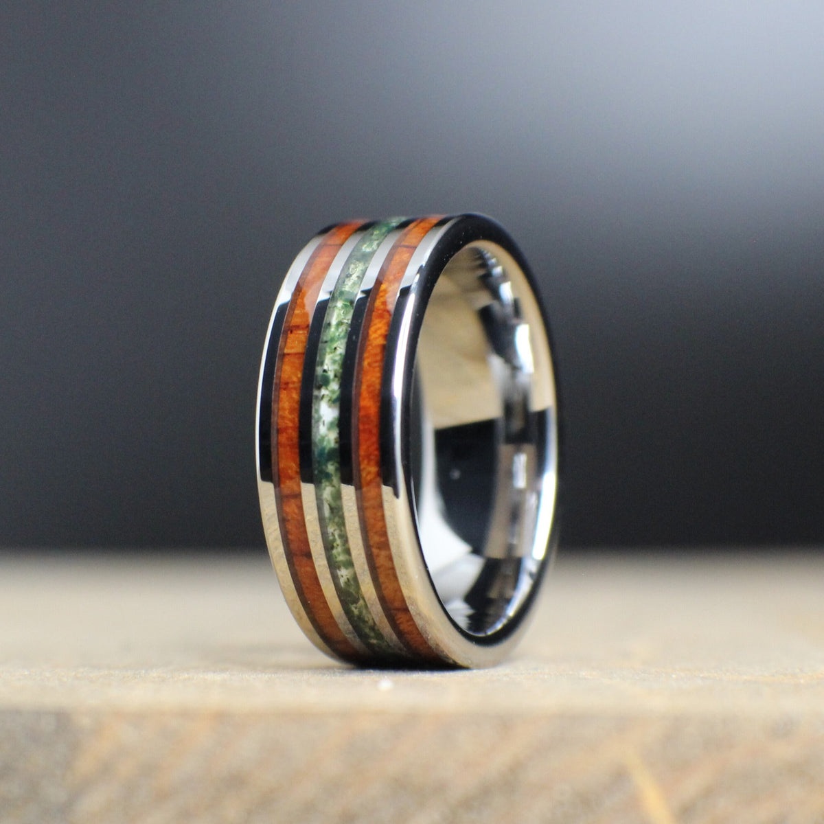 Moss agate wedding band with rosewood.