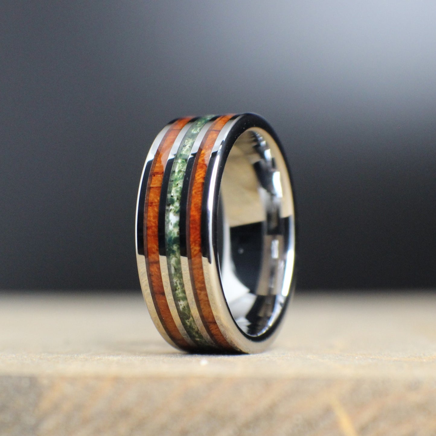 Moss agate wedding band with rosewood.