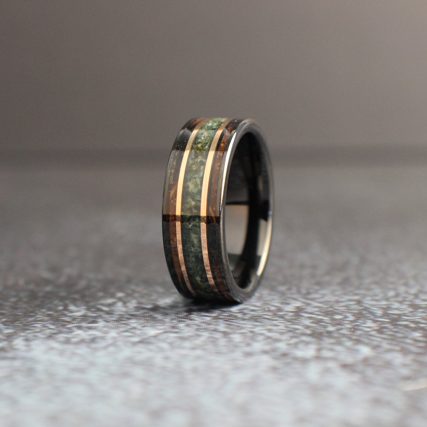 Rose gold and moss agate tungsten wedding ring